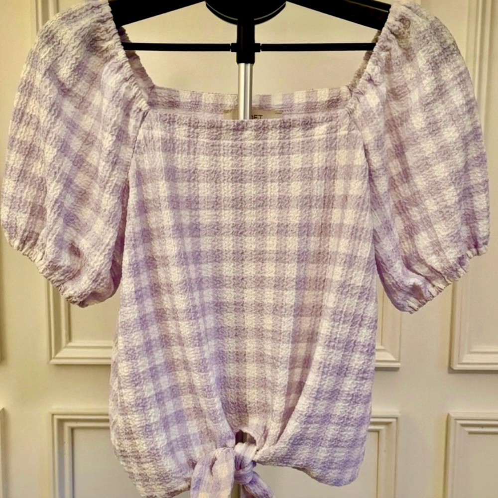 LOFT Light Purple Gingham Plaid Puff Sleeve Blouse